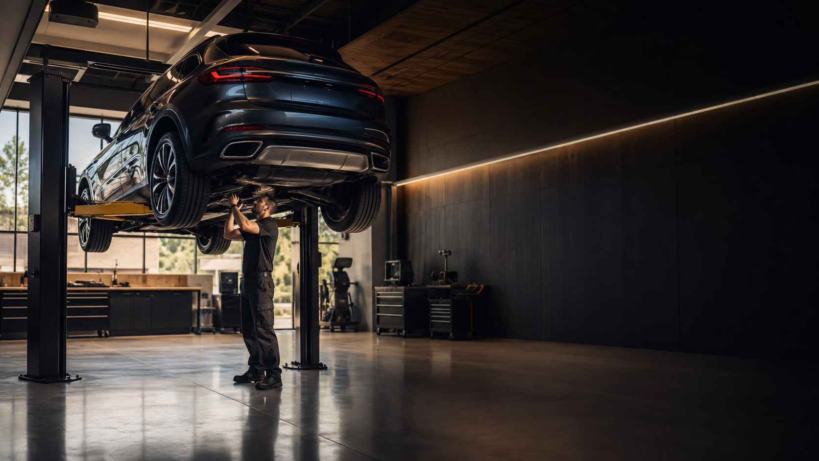 Premium SUV raised on a service lift in a modern garage